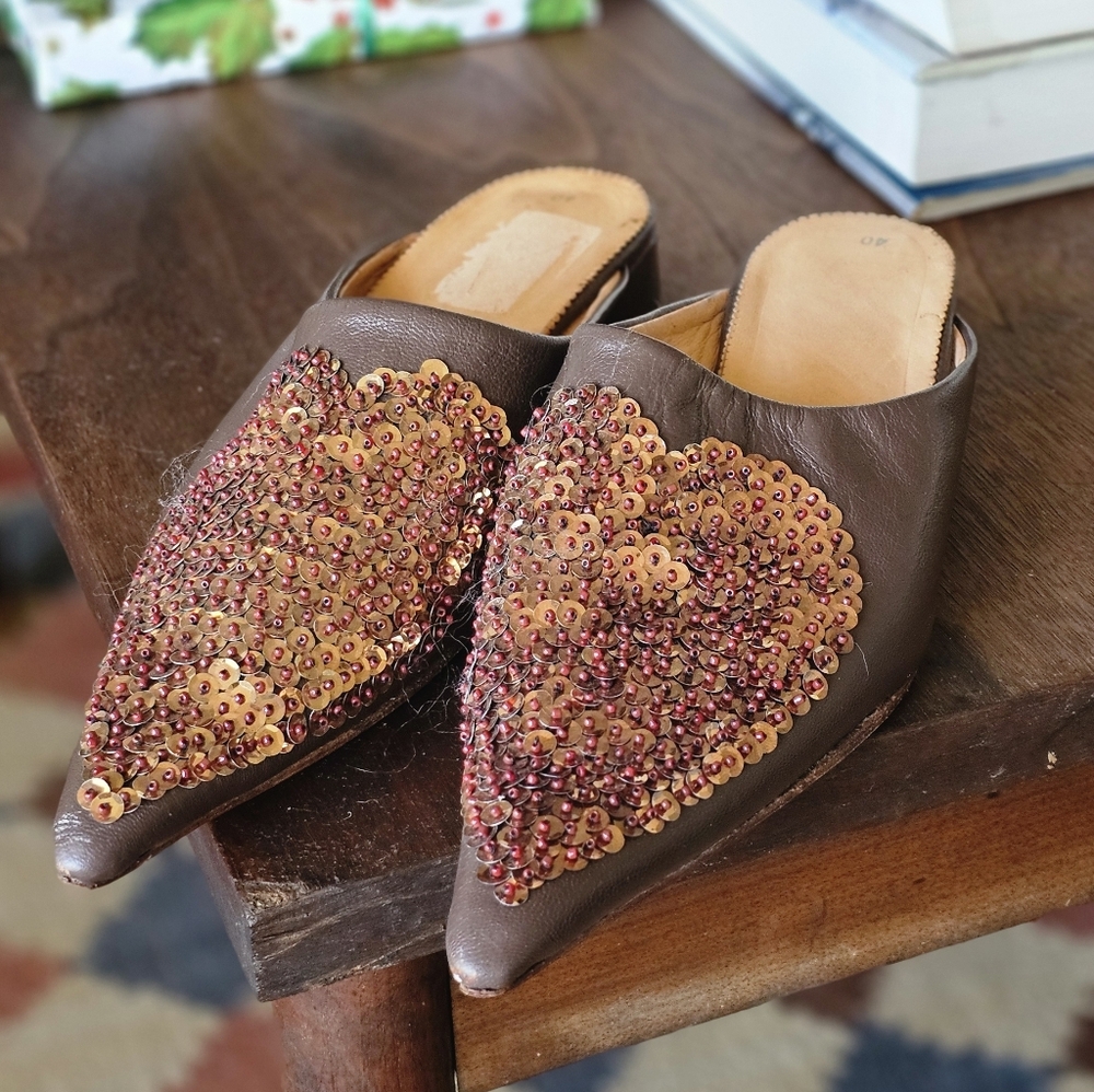 Sequin Embellished Women's Leather Mules